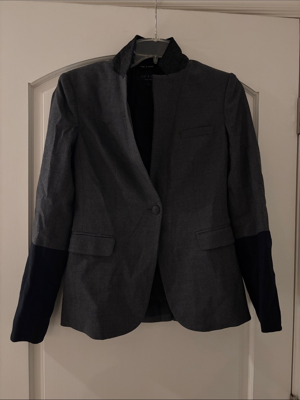rag & bone Gray Blazer with Black Sleeve Panels and Dark Gray Collar
